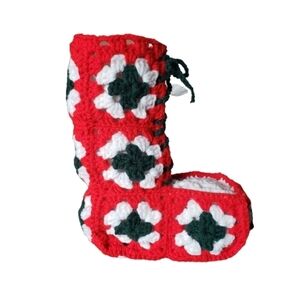 Vintage Christmas Stocking Crochet Size M Hand Made Retro 70s Cottagecore Granny